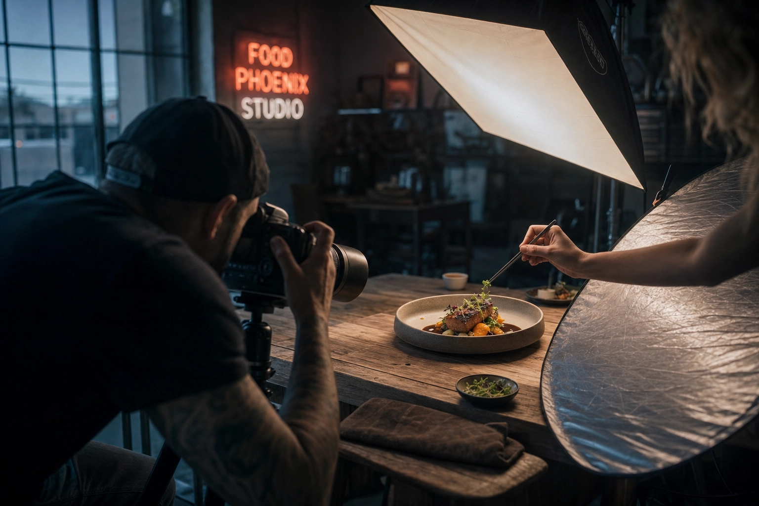 Professional food photographer and stylist working under studio softbox lighting on a plated dish in Phoenix