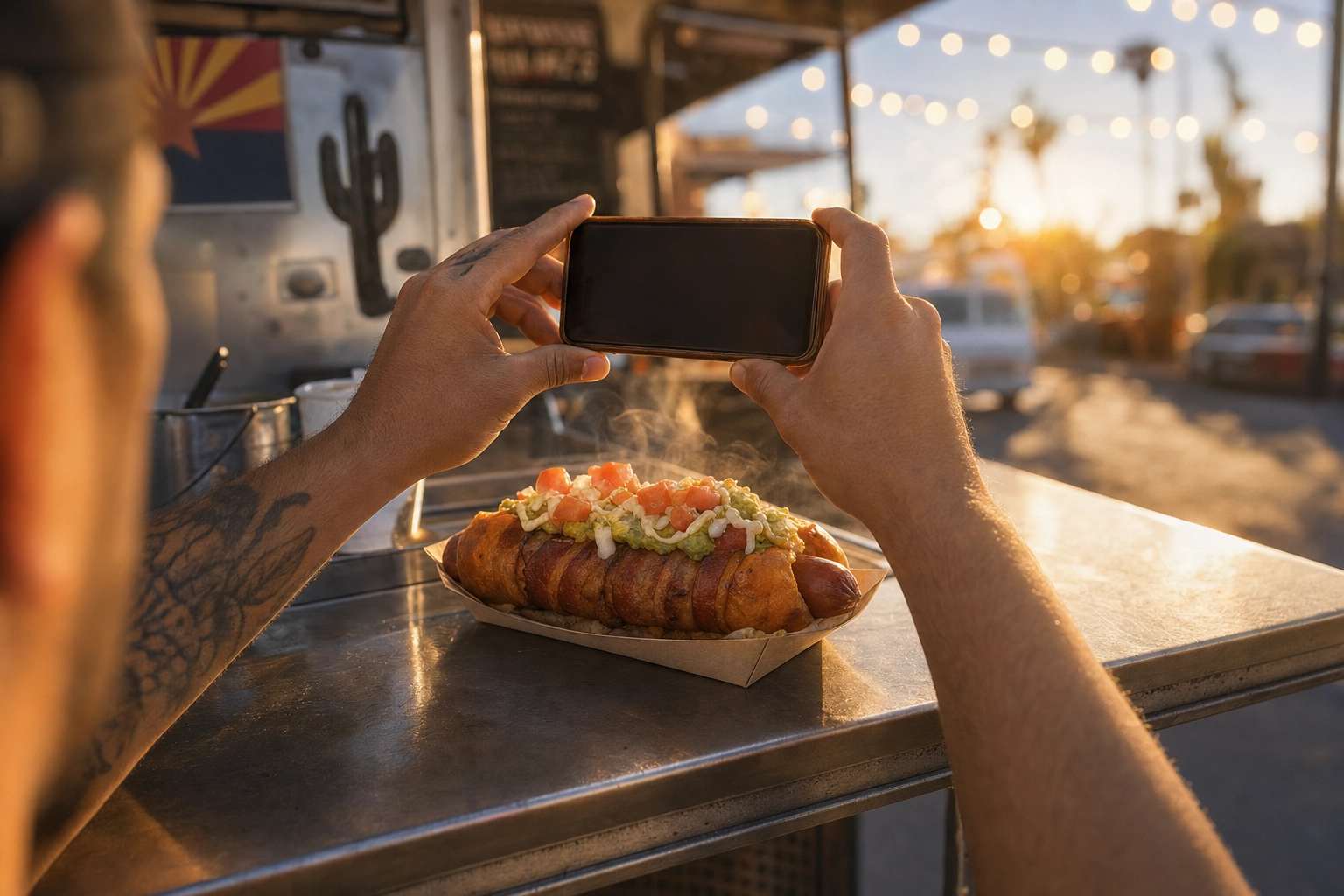 Hands using a smartphone to photograph a Sonoran hot dog on a Phoenix food truck counter at golden hour