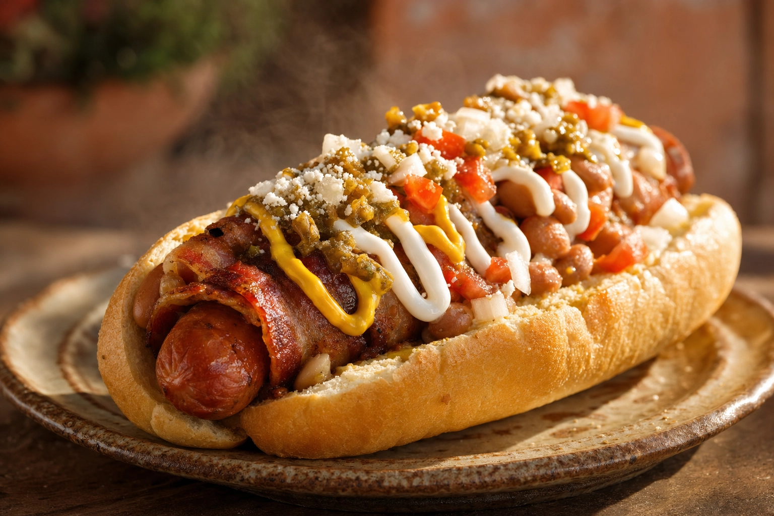 Macro close-up of a styled bacon-wrapped Sonoran hot dog with beans, salsa, and cotija in warm golden light