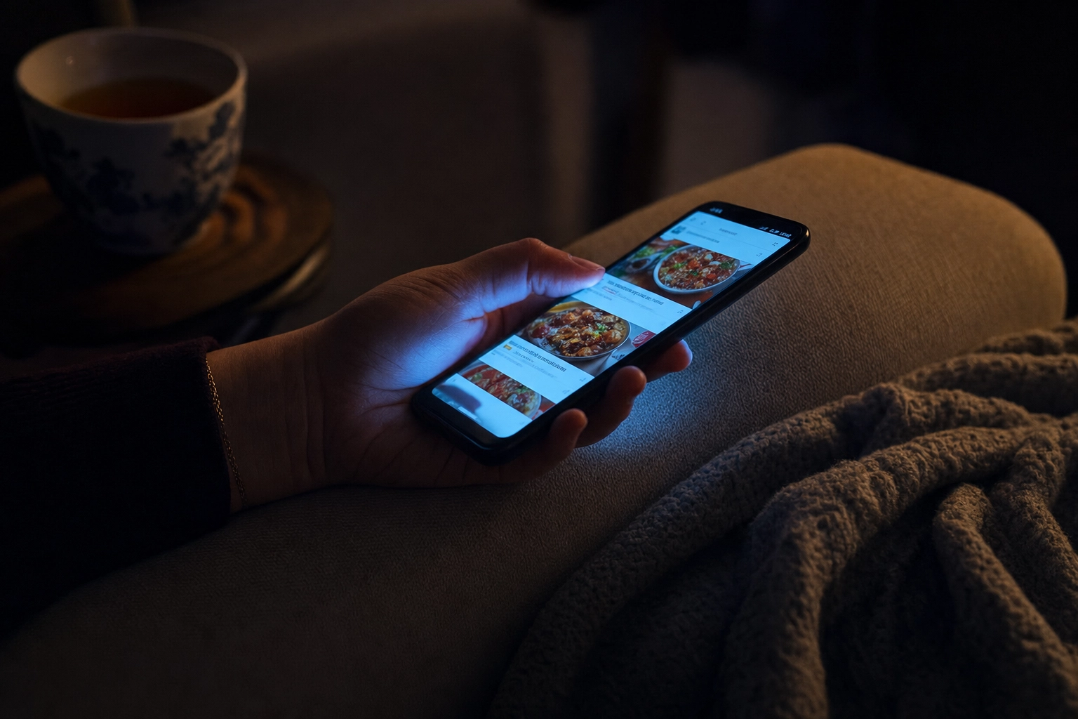 Close-up of hands holding a phone at night browsing food delivery photos with screen glow as dominant light