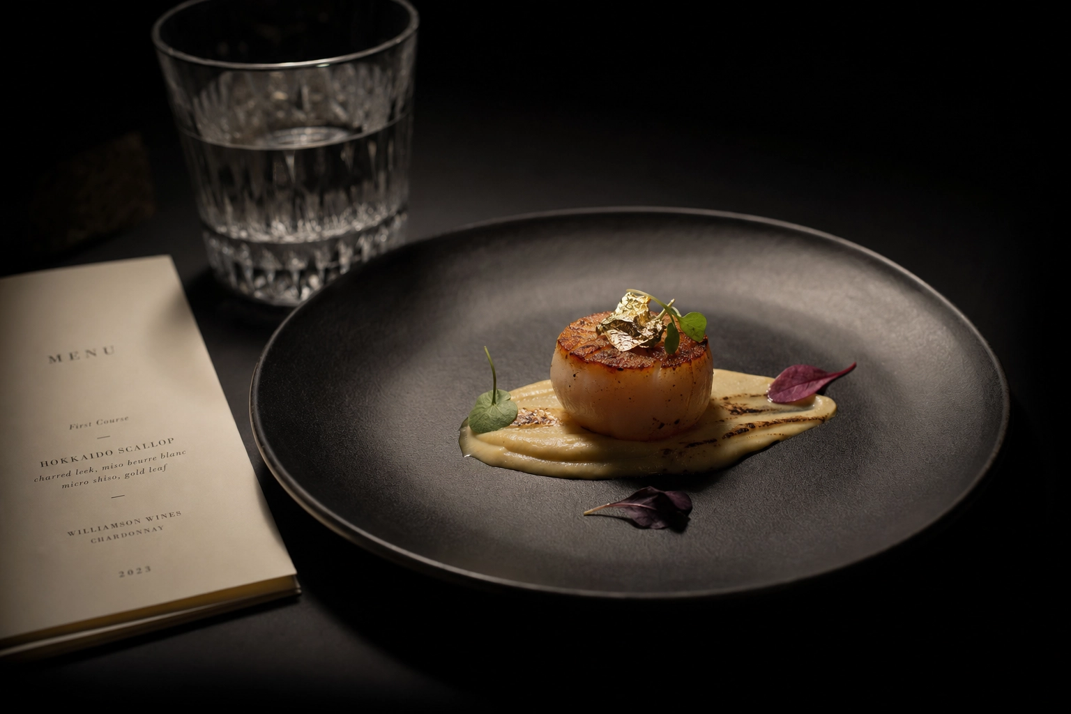 Single elegant scallop course on black slate next to a minimalist text-only fine dining menu in dramatic low light