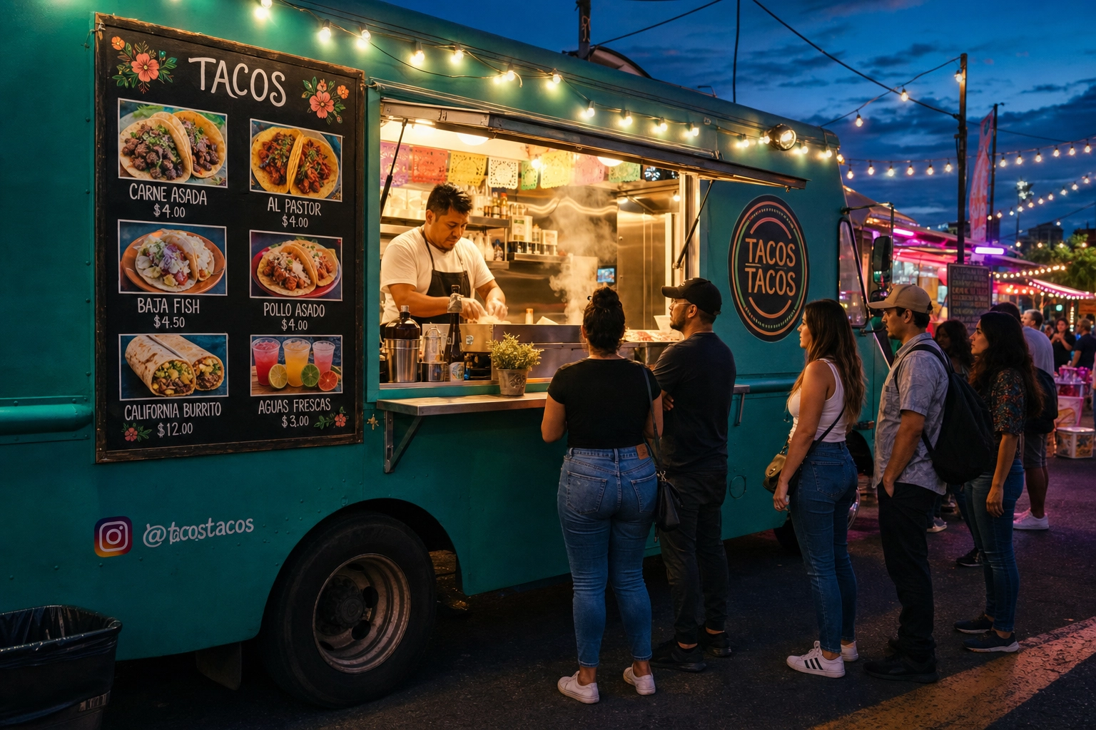 Food truck at a night market with photo menu showing tacos and aguas frescas next to customers ordering under string lights