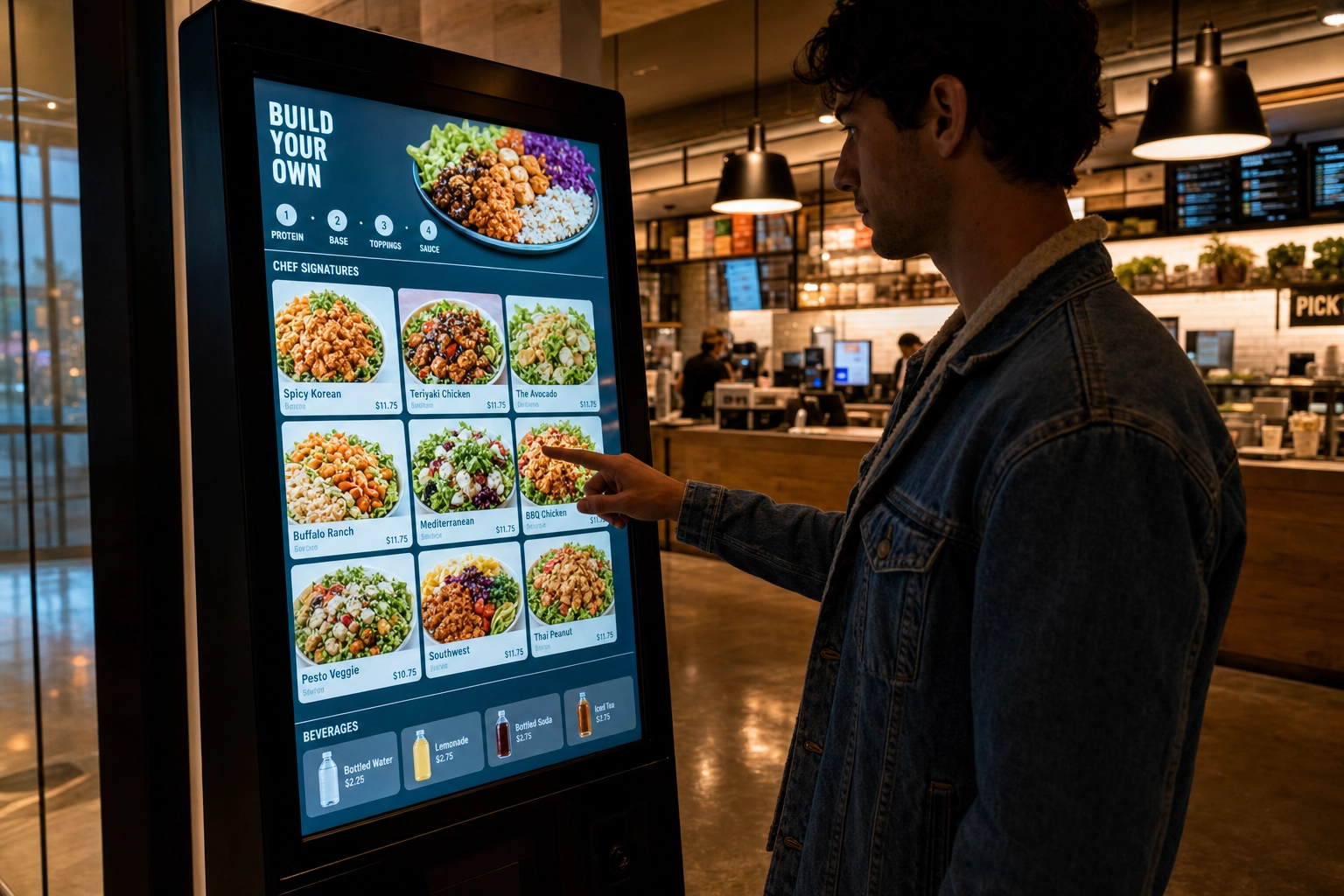 Customer using a self-service touchscreen kiosk with food photos in a modern fast-casual restaurant