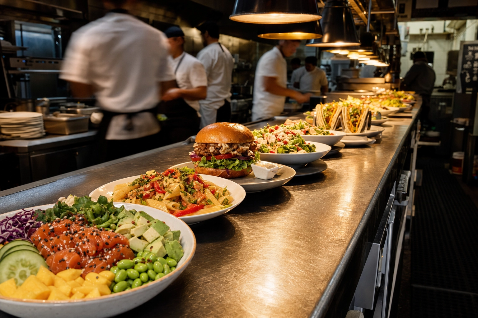 Restaurant kitchen pass with rows of finished colorful plated dishes lined up under warm heat lamp light during busy service