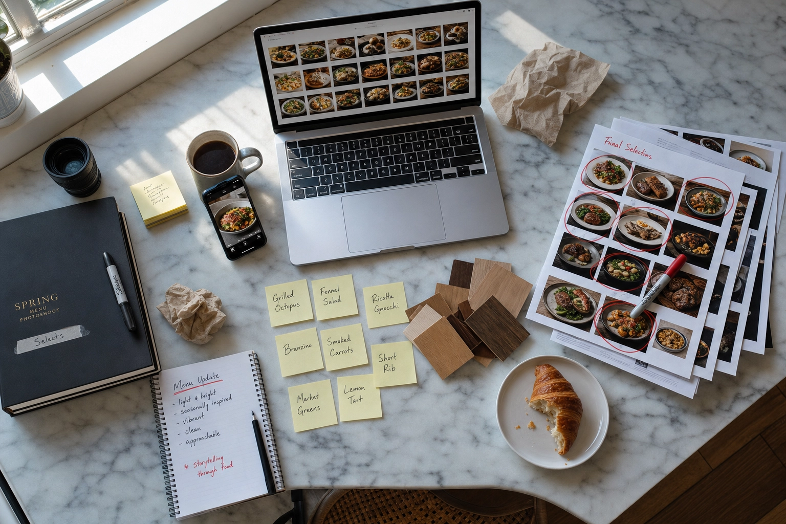 Top-down view of an in-progress photo menu workflow with laptop, phone, printed photo selections, and notes on marble counter