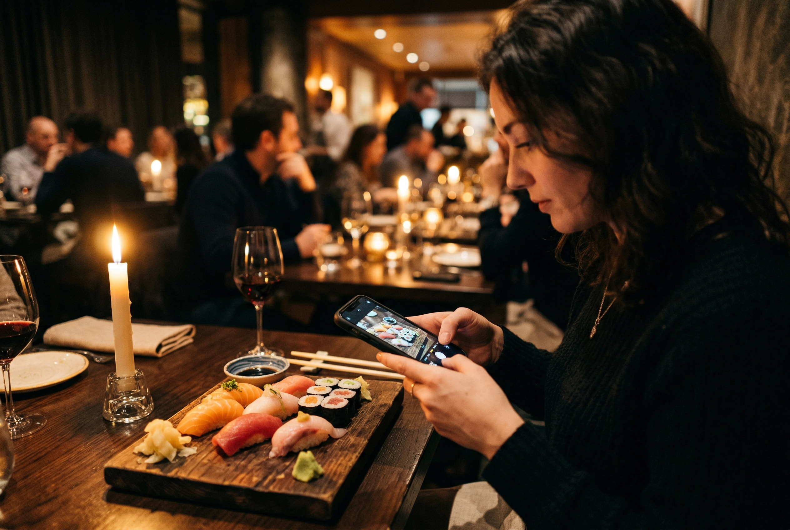 Diner discreetly photographing sushi platter with phone in dimly-lit restaurant setting