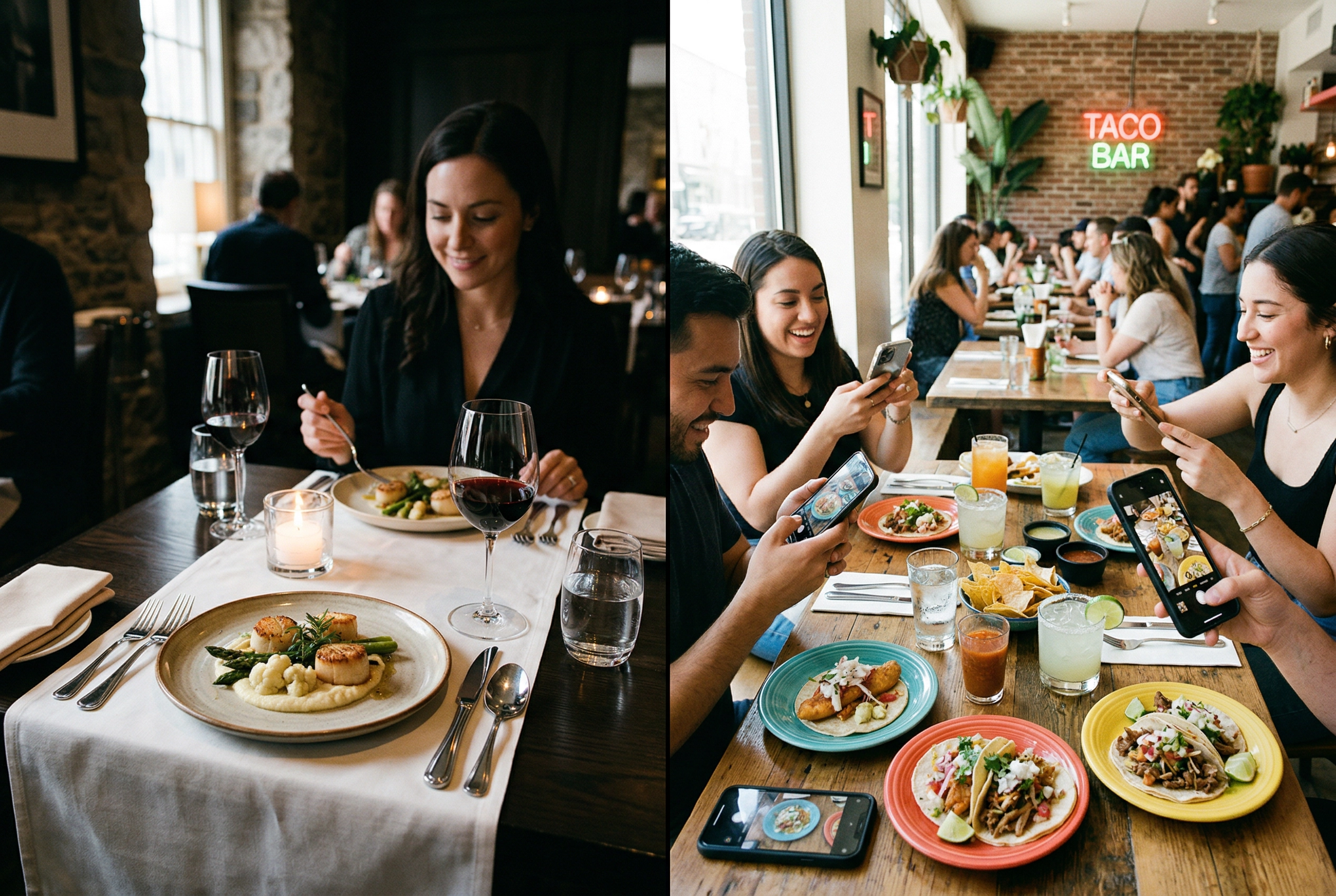 Contrasting photography approaches in fine dining versus casual restaurant settings