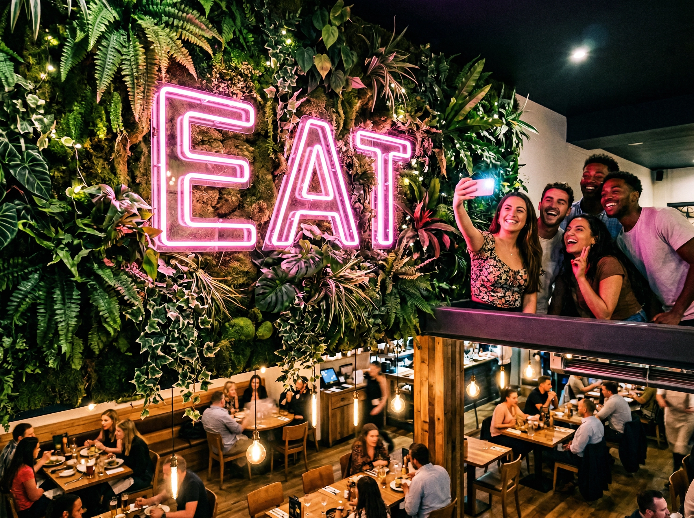 Instagram-worthy restaurant neon sign and living plant wall creating a photo-friendly environment