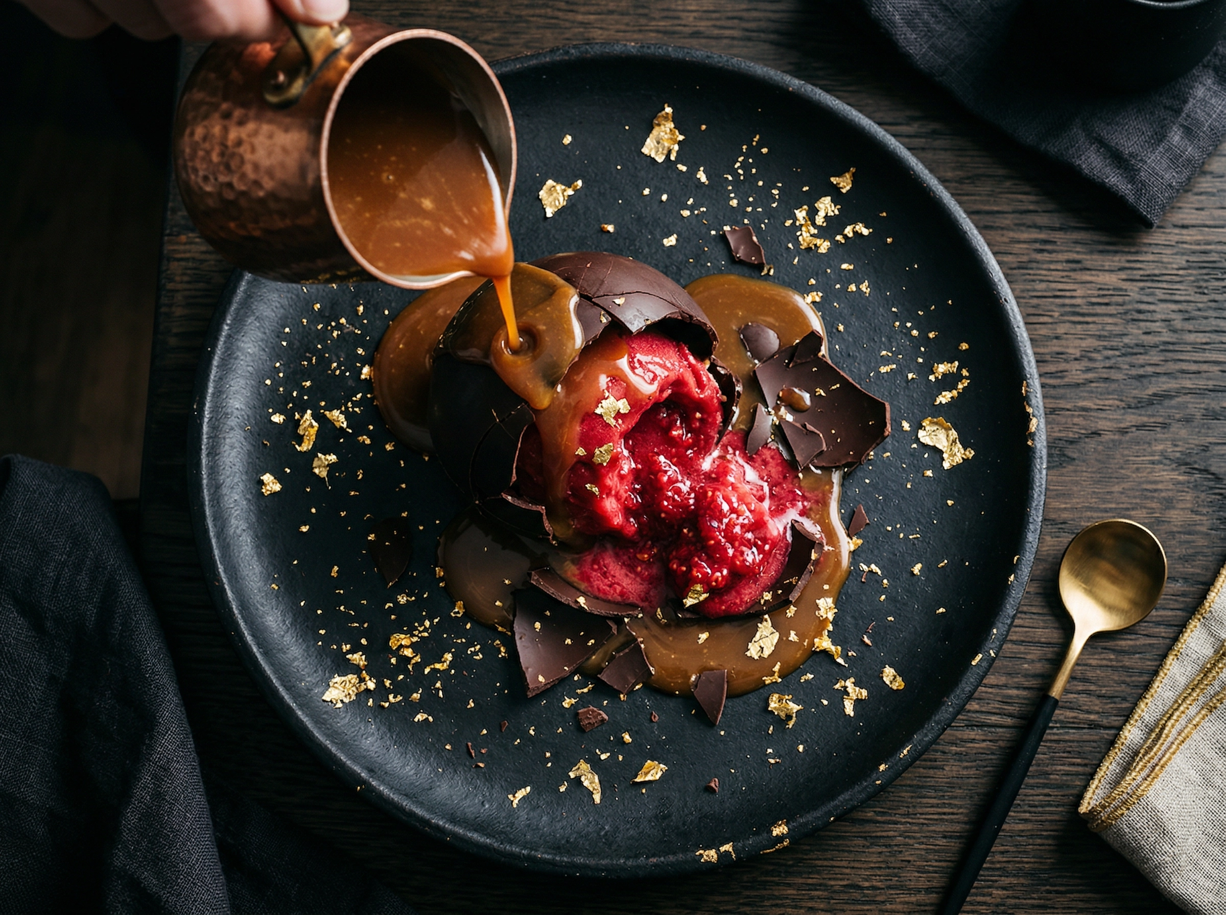 Dramatic restaurant dessert with chocolate dome and caramel pour designed for social media photography