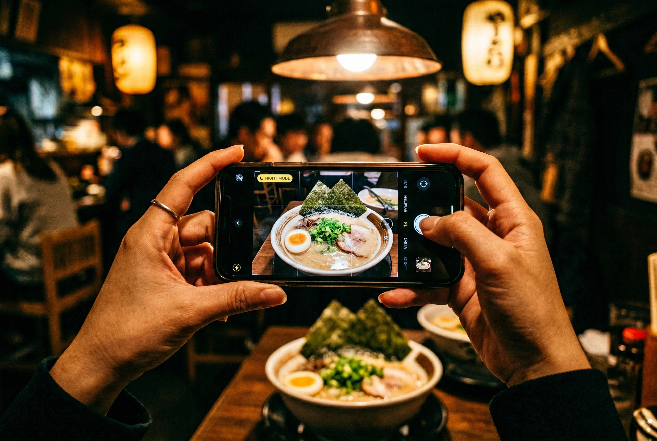 Hands holding phone using Night Mode to photograph ramen in a dimly-lit Japanese restaurant