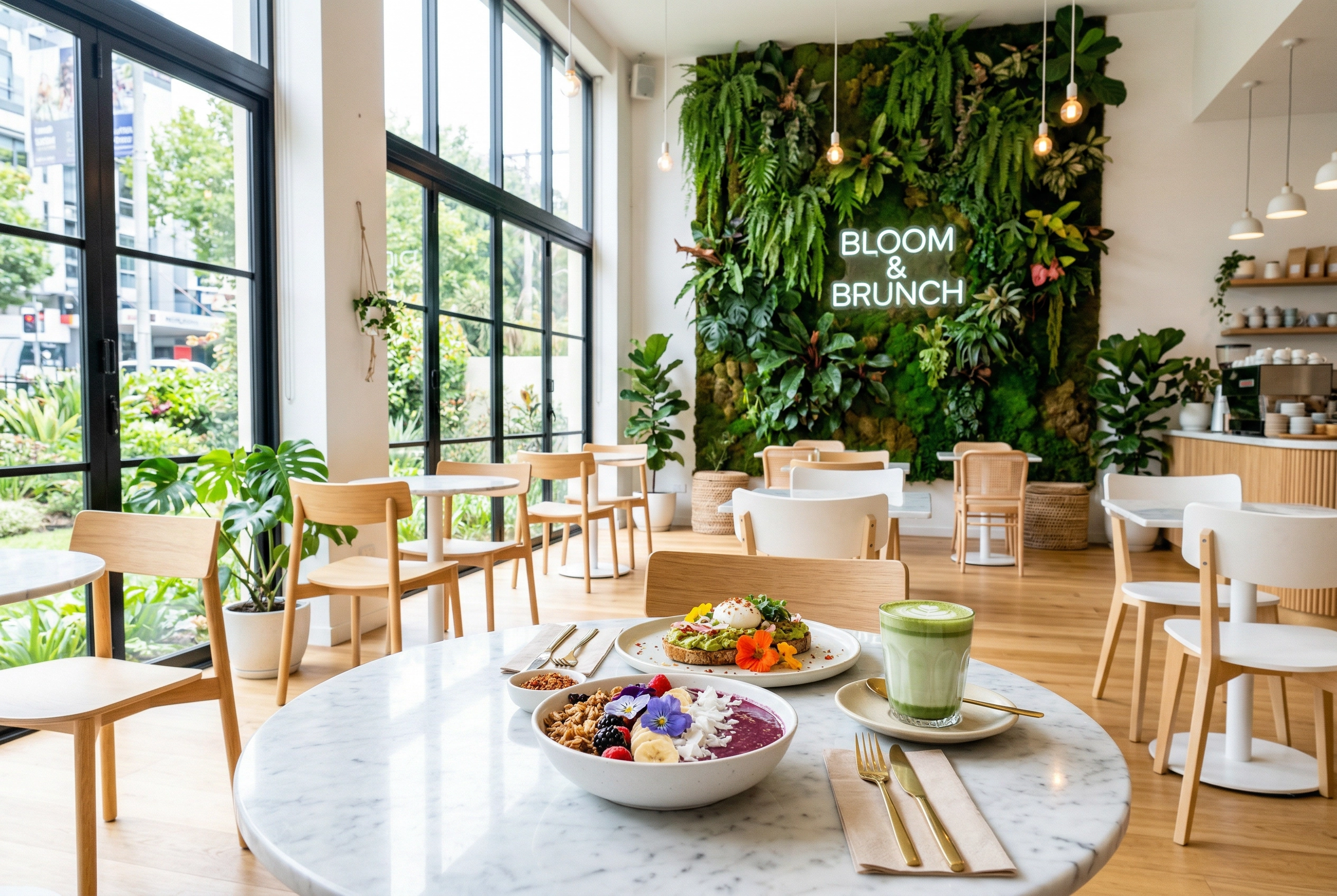 Photo-friendly restaurant interior with natural lighting, colorful dishes on marble tabletop near large windows