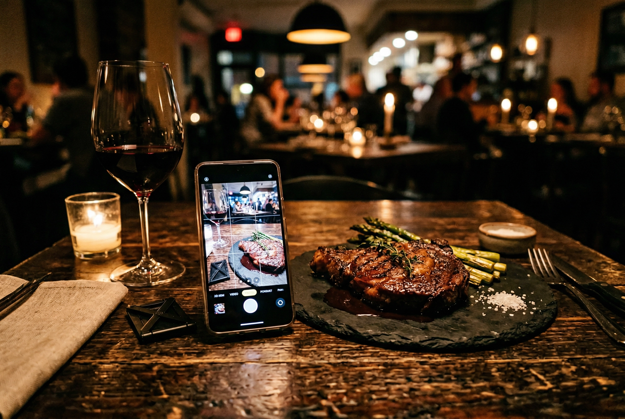 Restaurant table with phone and beautifully plated steak showing photography-friendly ambient lighting