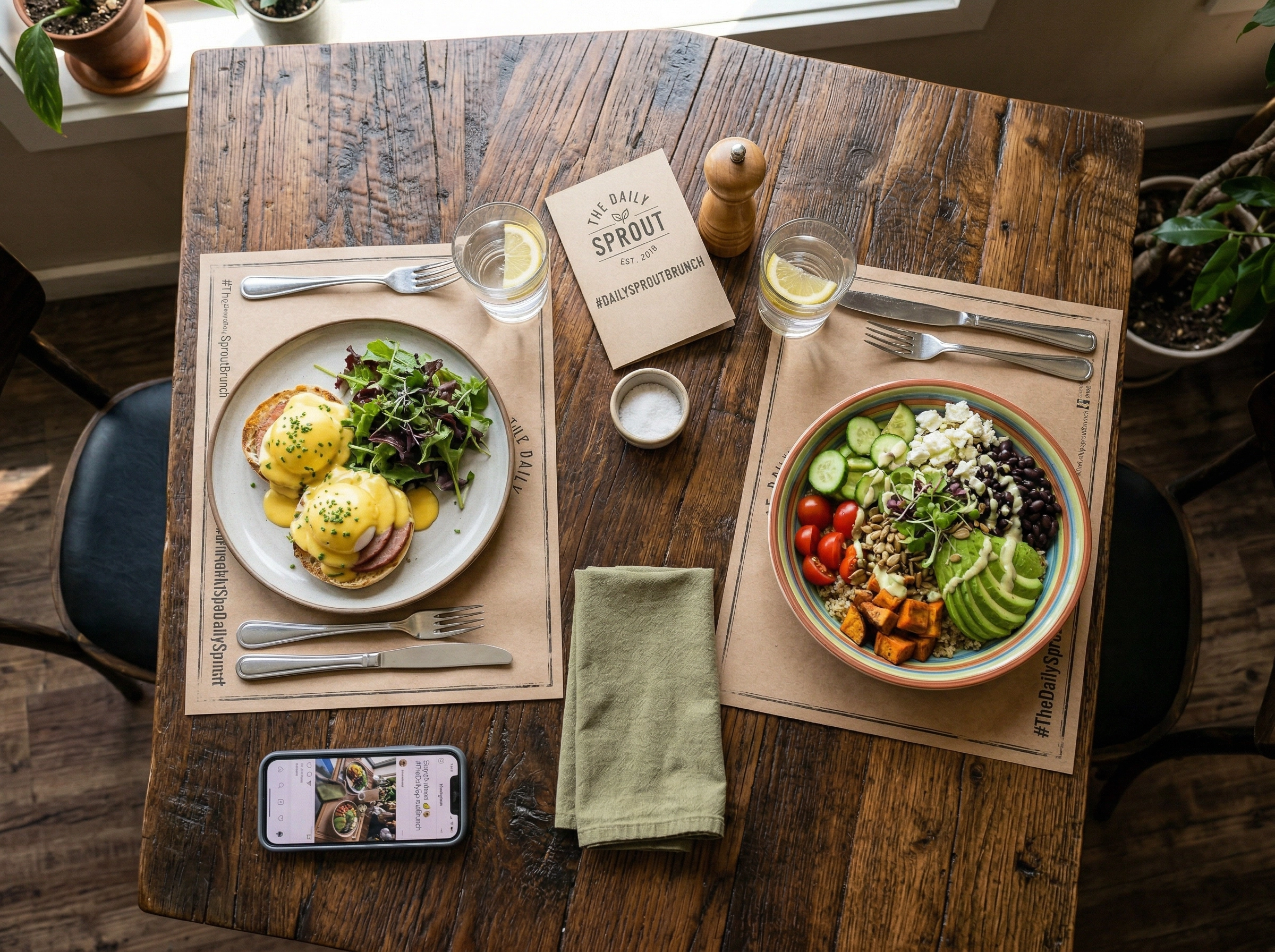 Restaurant table with branded hashtag card alongside plated brunch dishes encouraging customer photography