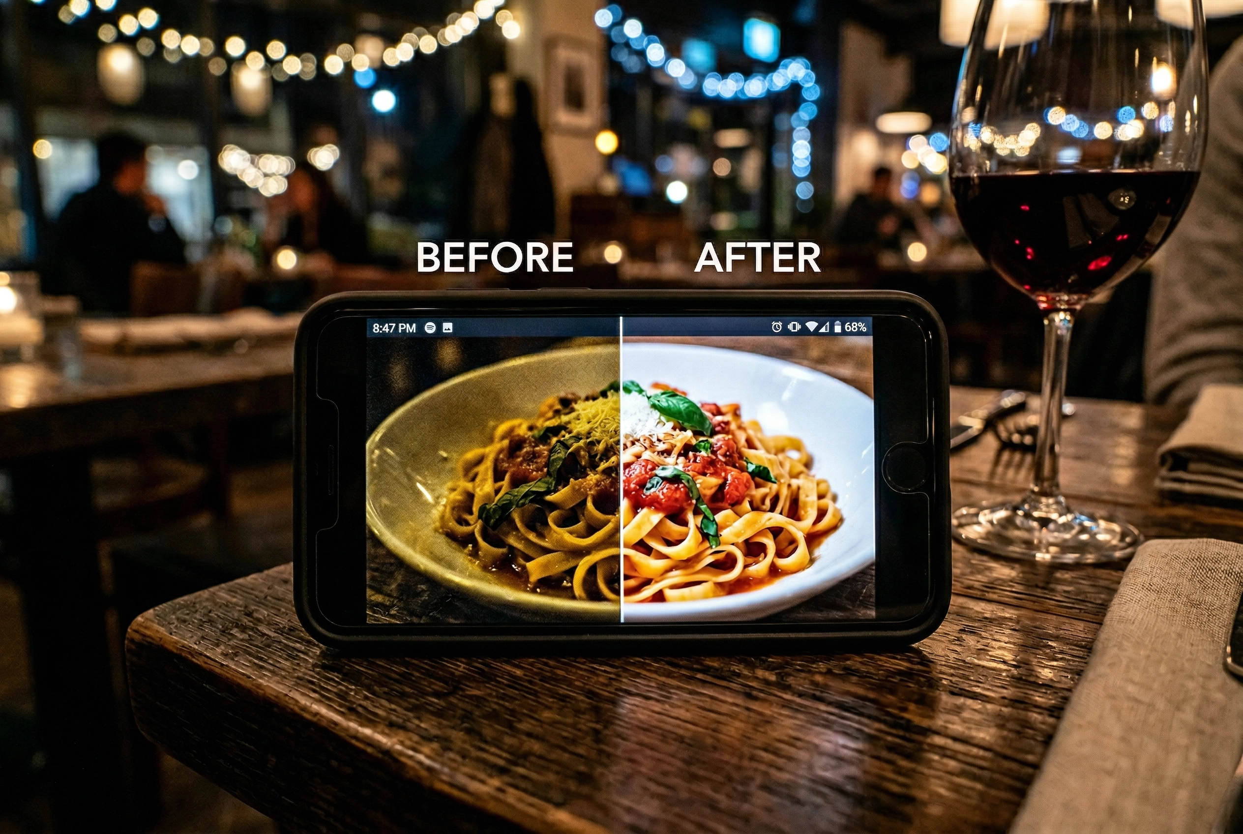 Phone displaying before and after food photo editing comparison in restaurant setting