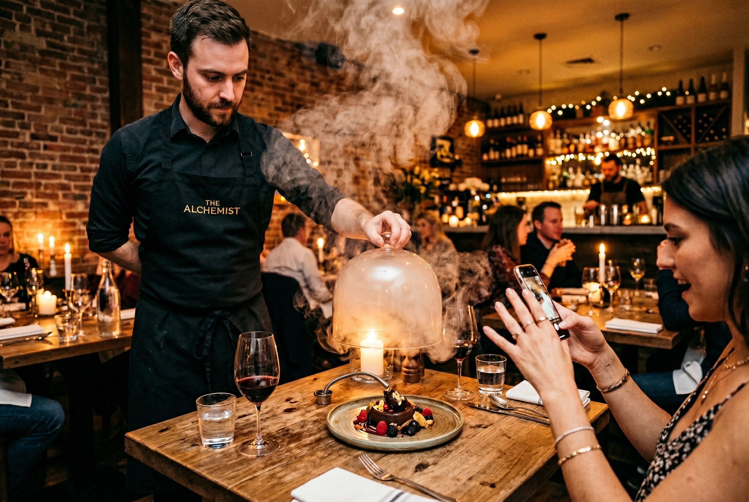 Restaurant server lifting cloche for tableside presentation as diner reaches for phone to capture the moment