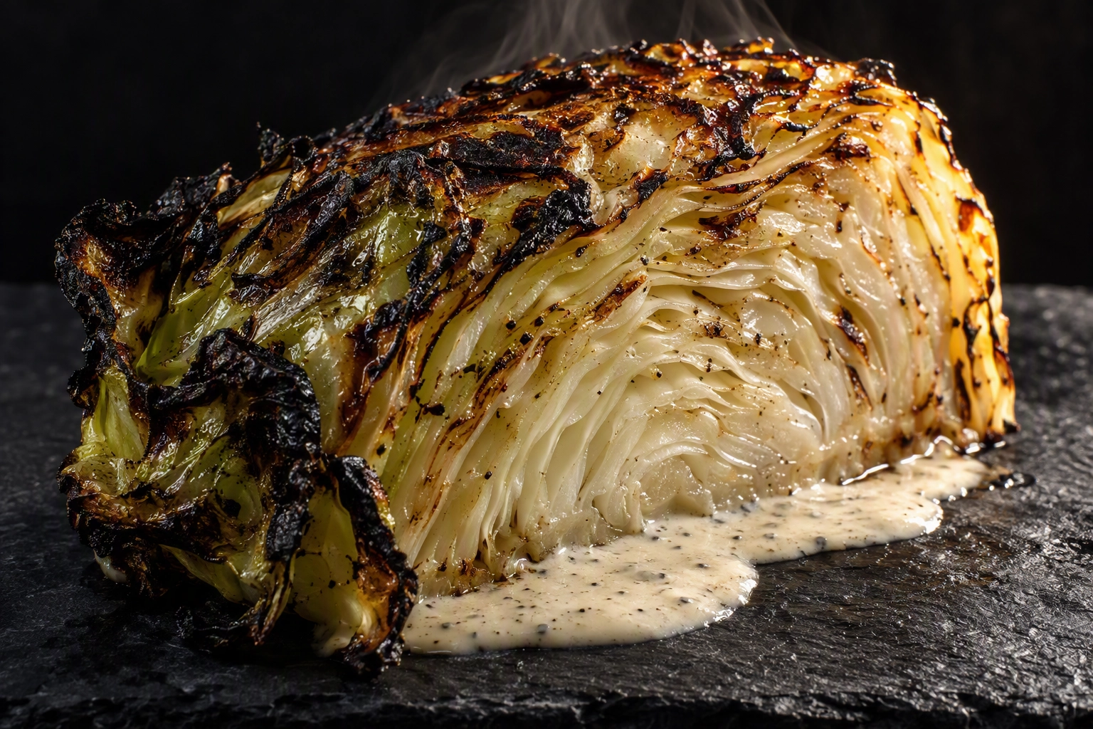 Charred cabbage steak with blistered edges and cream sauce on dark slate, the 2026 Cabbage Crush trend