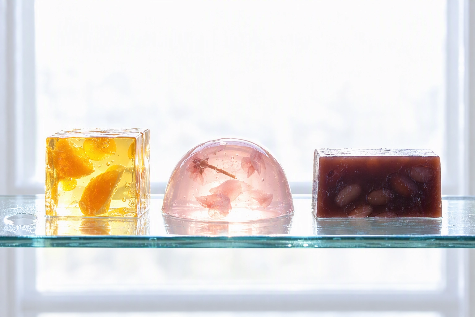 Three translucent jelly desserts backlit on a glass shelf, showing the Gimme Gummy food photography trend