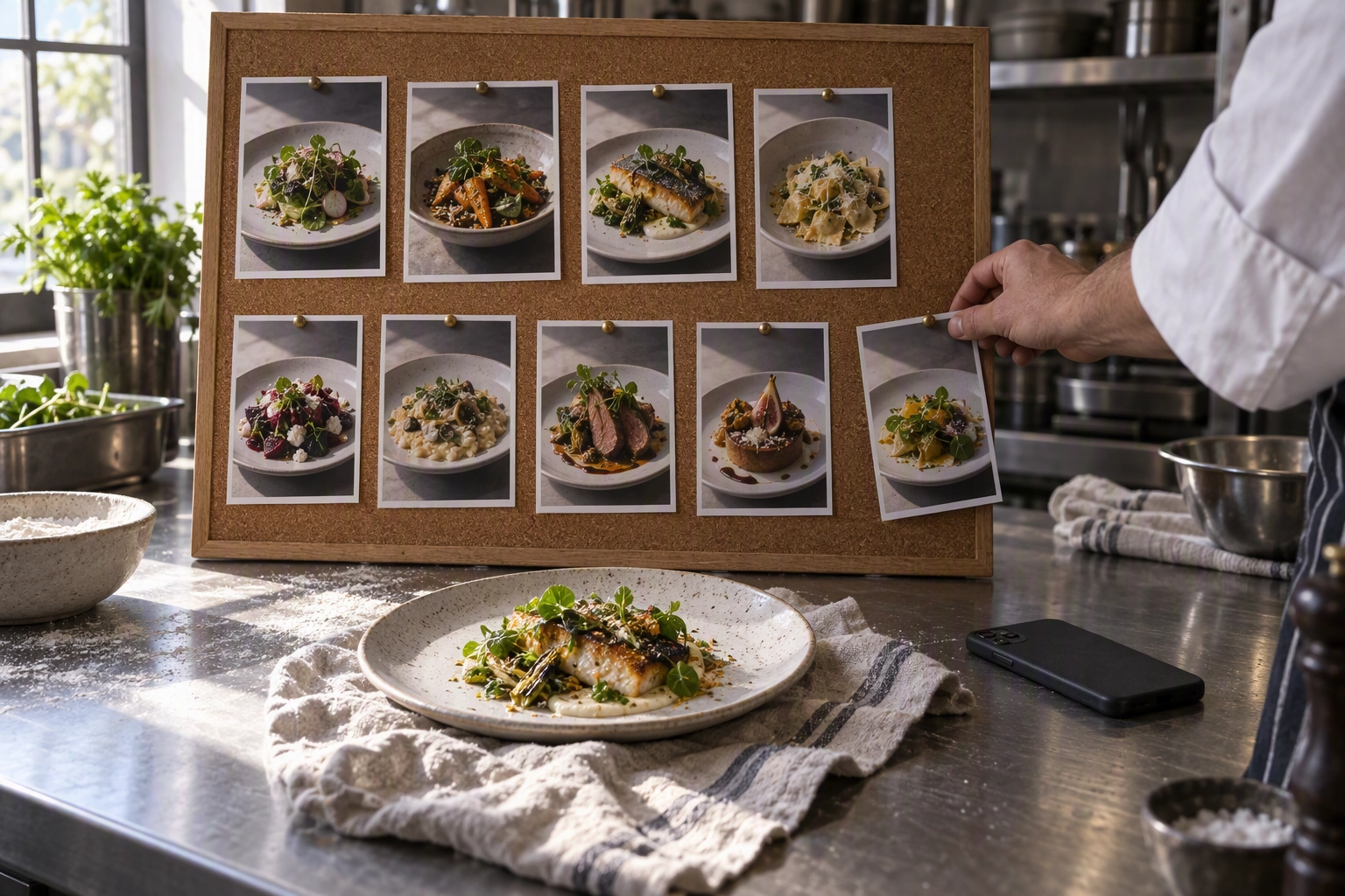 Chef pinning printed food photo references to a cork board beside their own plated dish by a window