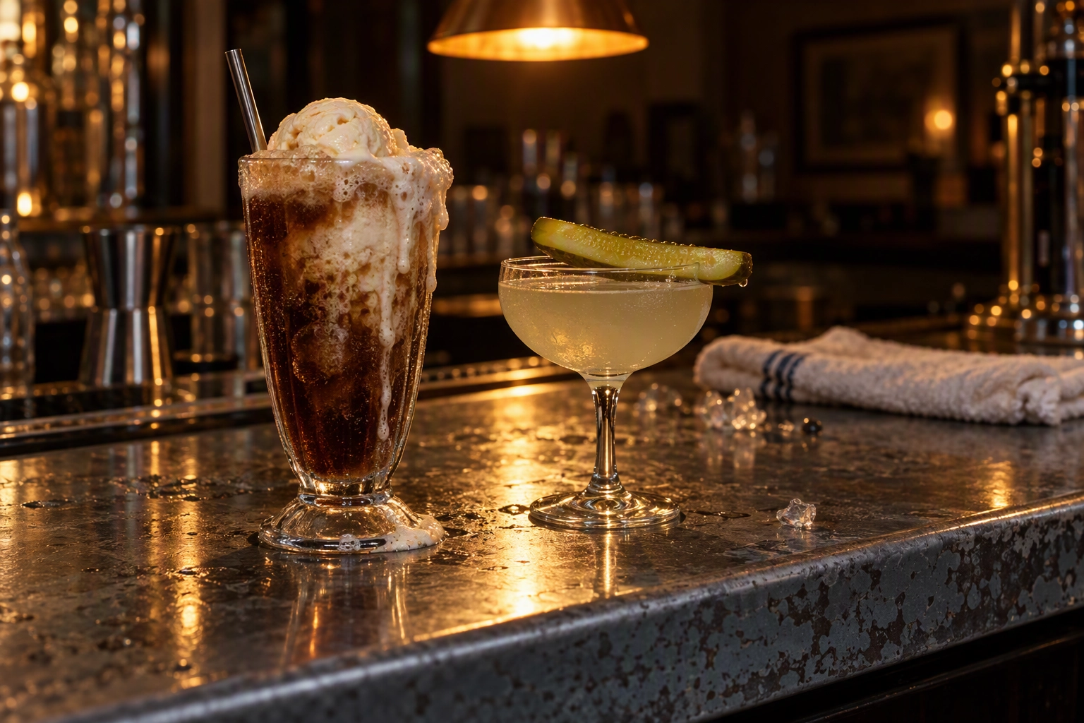 Soda float and pickle brine cocktail side by side on a zinc bar, the 2025 Pinterest flavor wave still on menus