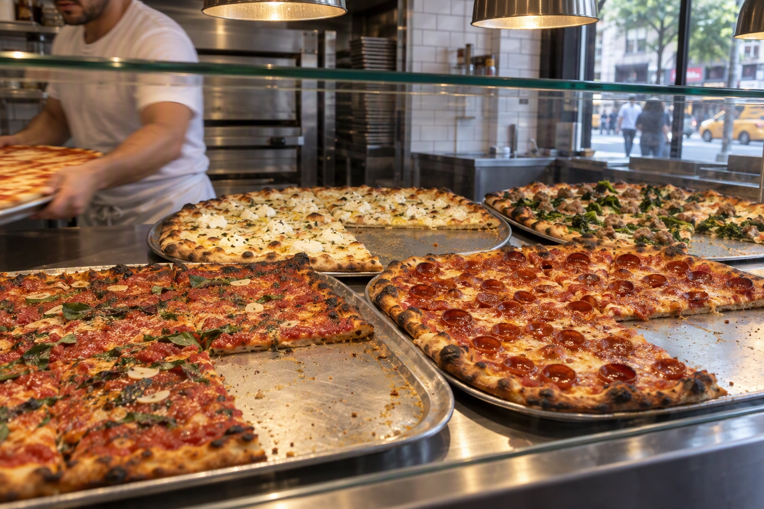 By-the-slice pizza counter with fresh trays of grandma, pepperoni and white slices, the daily slice photo for pizza shop social media