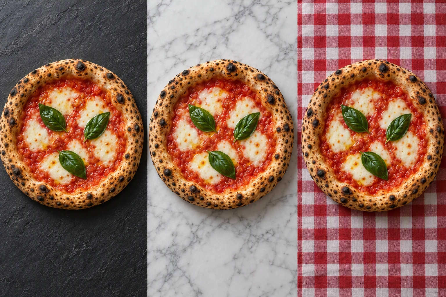 Same margherita pizza shot overhead on dark slate, white marble and red checkered cloth, three looks for pizza photos