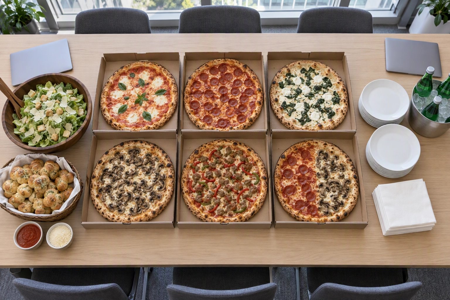 Overhead of an office pizza catering lunch with six open pizza boxes, Caesar salad and garlic knots on a conference table