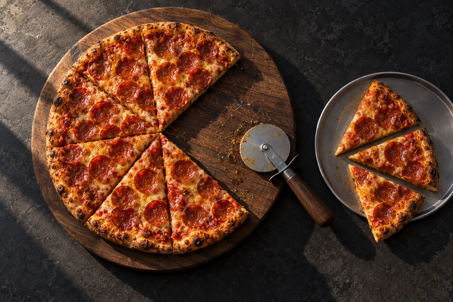 Pepperoni pizza with three of ten slices pushed onto a separate steel tray, showing a 30% delivery app commission on a pizza order