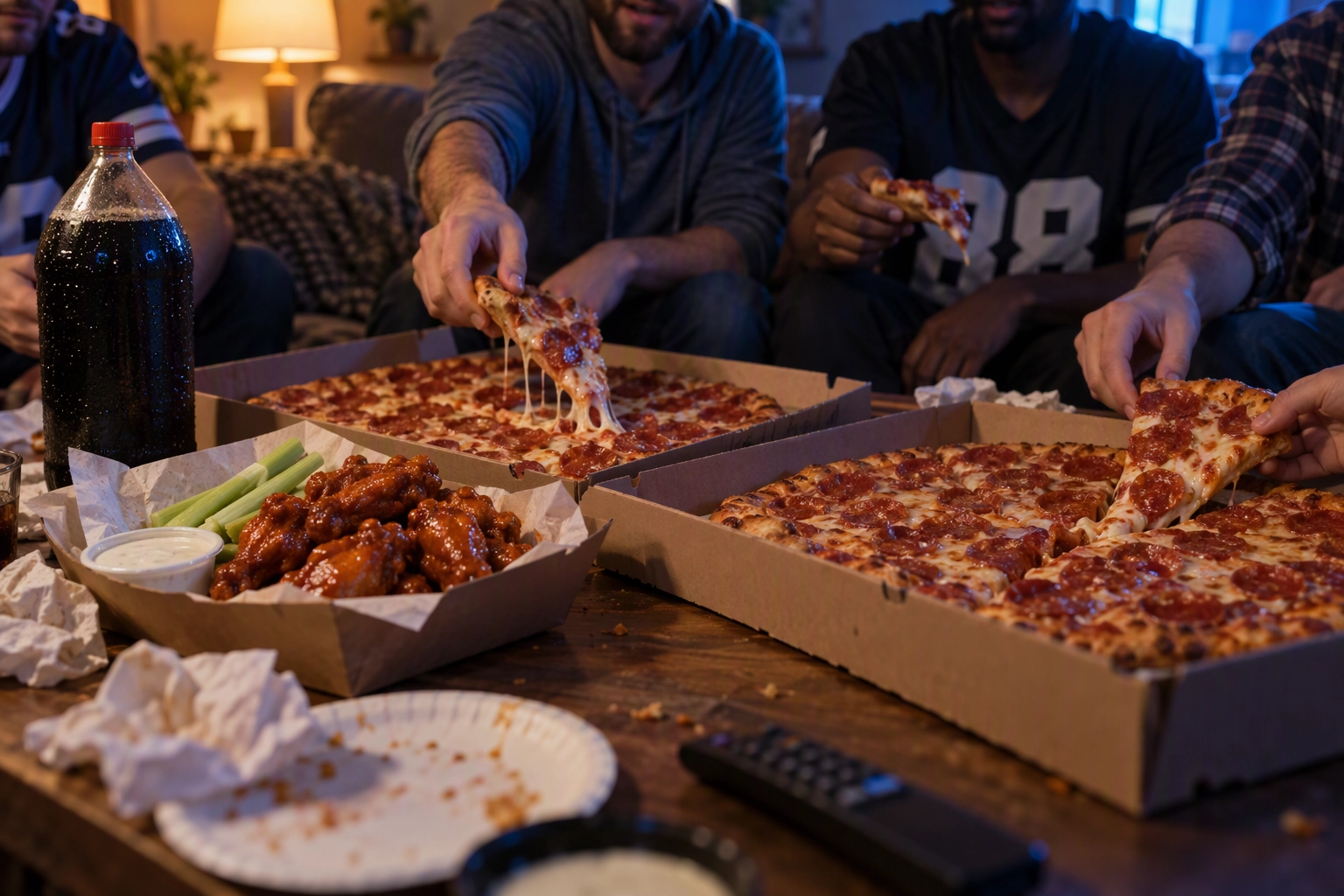 Game-night pizza bundle of two large pepperoni pies, buffalo wings and a 2-liter opened on a coffee table, a delivery app pizza marketing idea