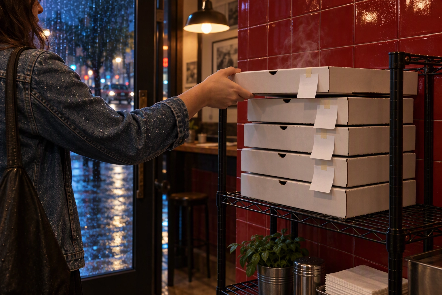 Customer taking a white pizza box from a pickup shelf inside a pizzeria door at night, where direct online orders keep the margin