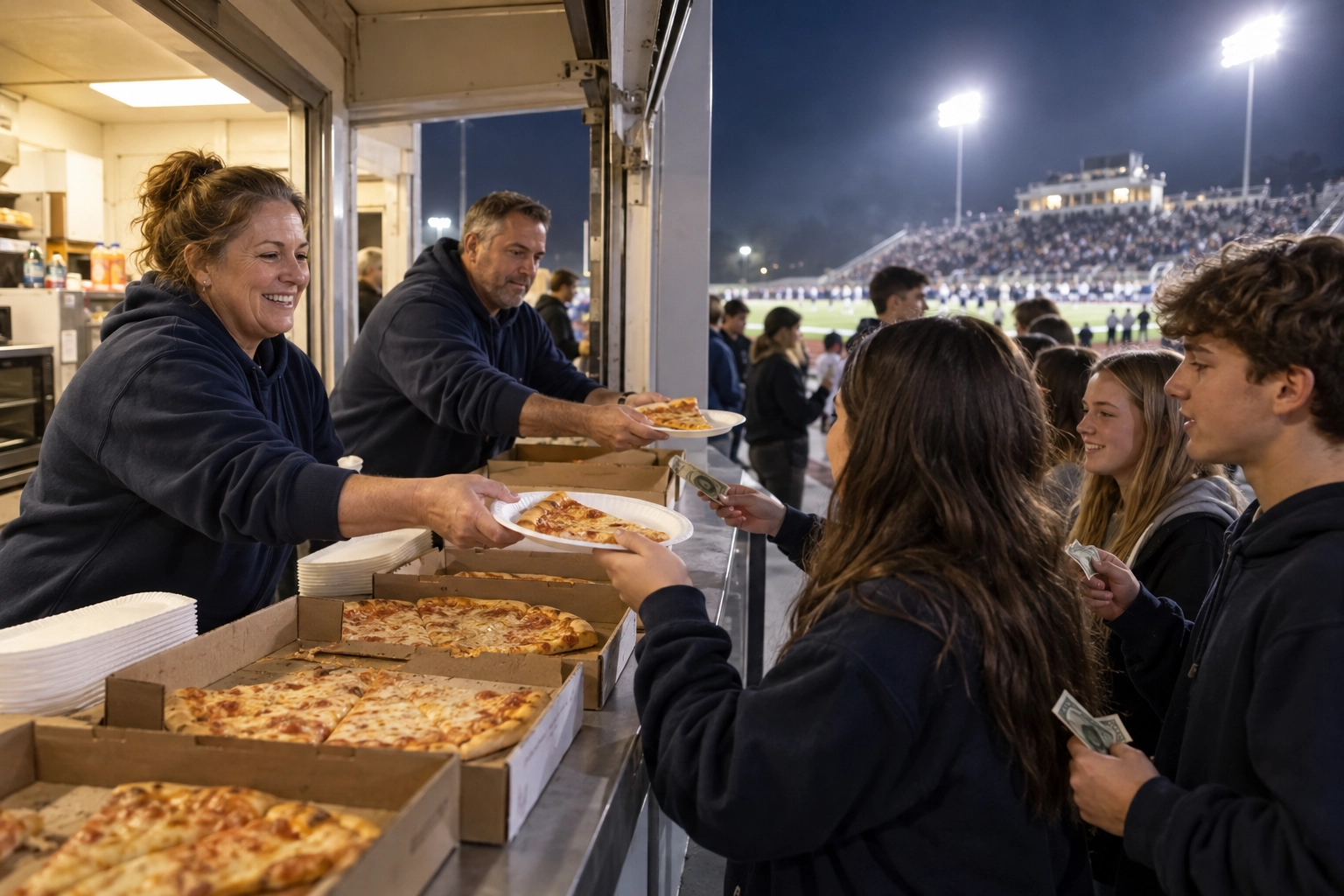 Parent volunteers selling pizza slices at a high school football concession stand, a local pizza shop marketing idea