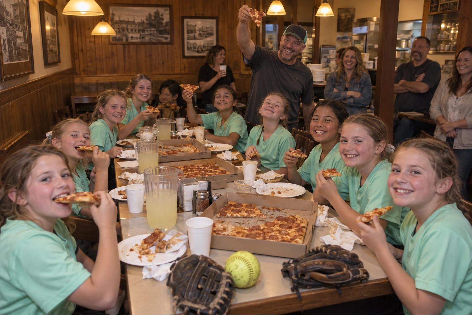 Youth softball team celebrating the end of season with a pizza party package in a pizzeria back room, a league sponsorship idea