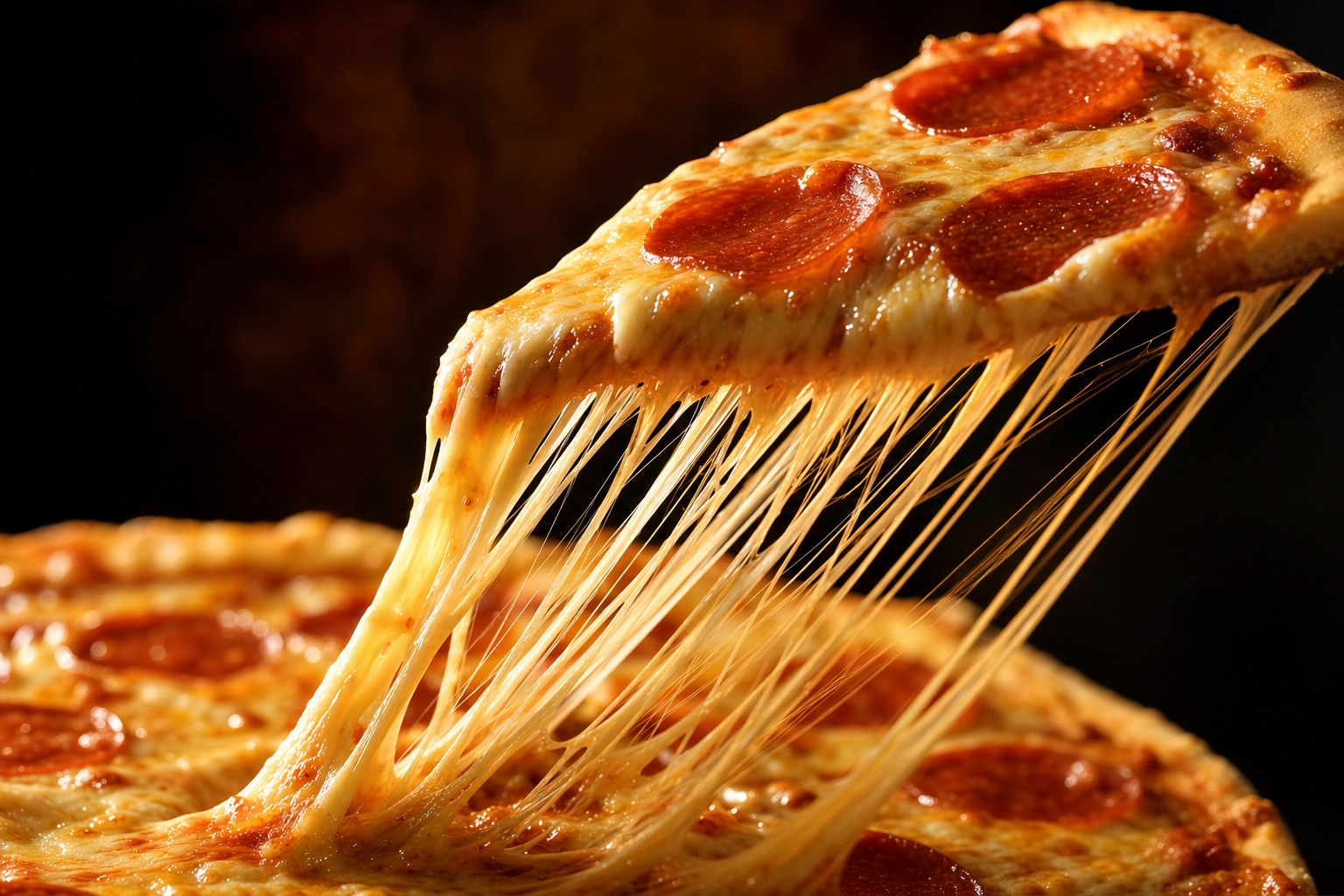 Macro pizza photography of cheese pull stretch with mozzarella strands between slice and pie