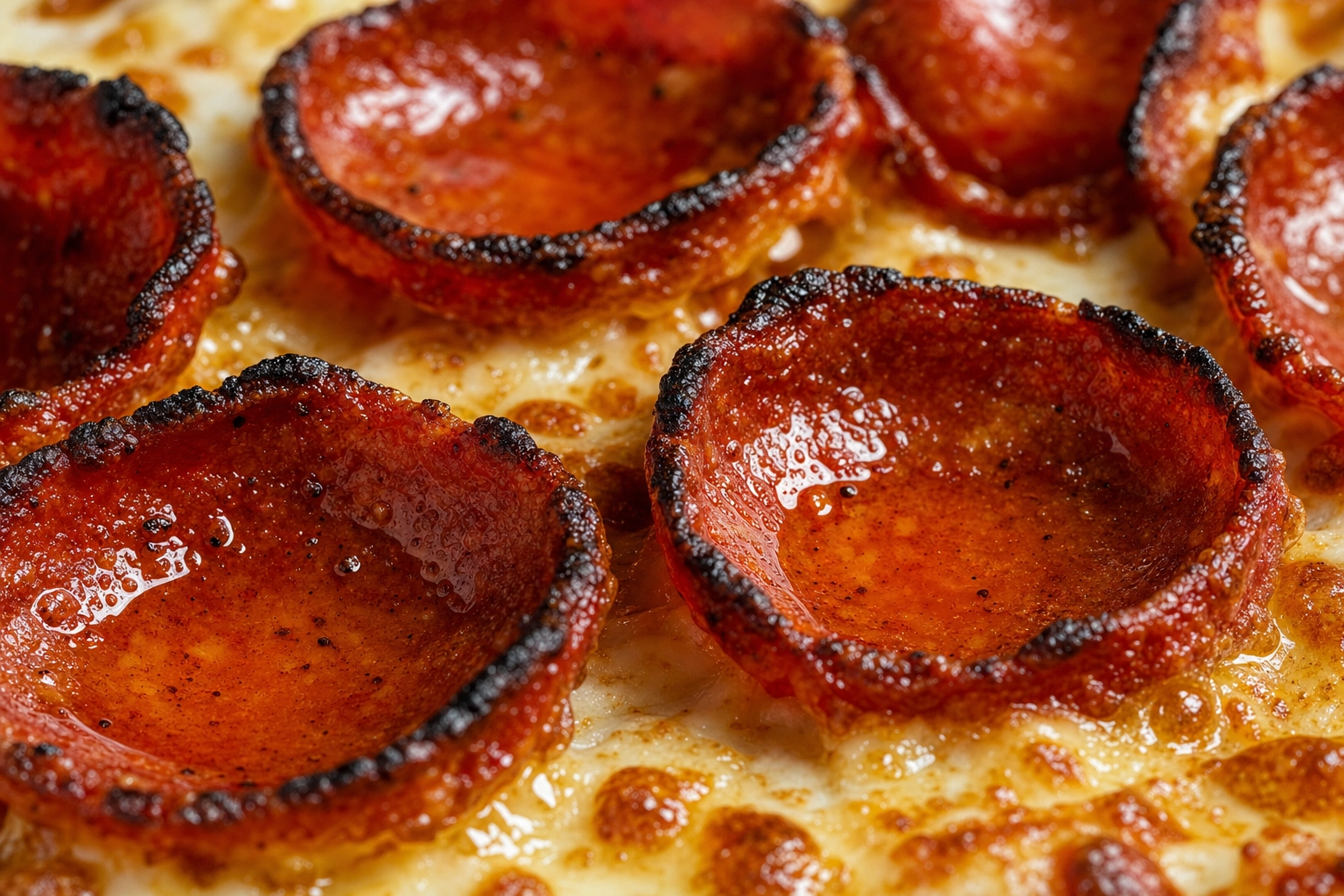 Macro pizza photography of cup-and-char pepperoni discs with rendered oil pools and crispy charred edges