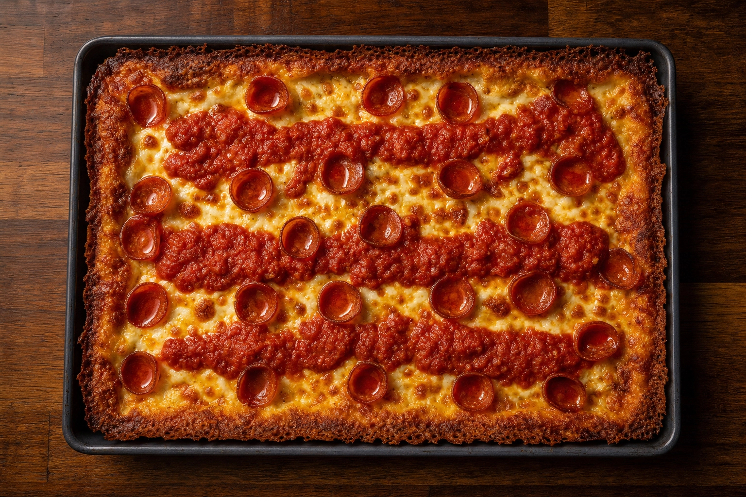 Overhead pizza photography of Detroit-style pizza in blue steel pan with golden frico edge and sauce stripes