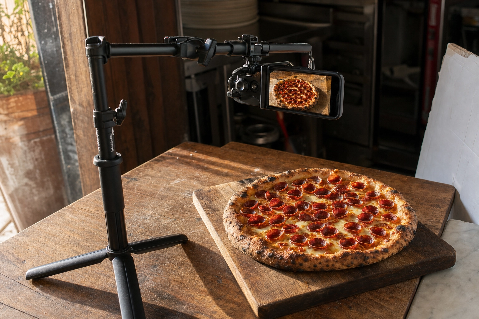 Phone tripod overhead arm setup capturing top-down pizza photography of pepperoni pie on wooden board