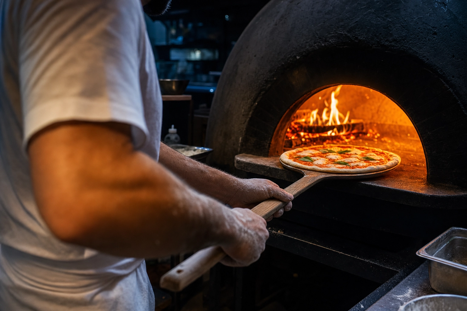 Pizza photography of pizzaiolo hands sliding pizza into wood-fired oven with orange flames and rim light