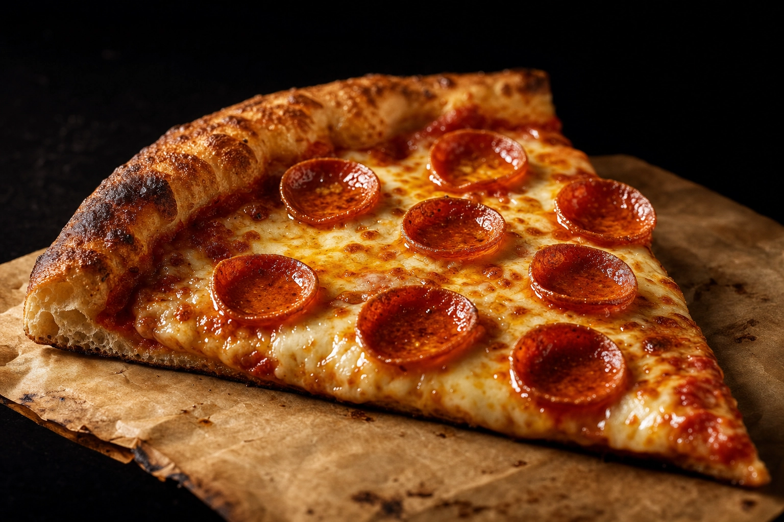 Side angle pizza photography of single New York slice hero on parchment paper with cup-and-char pepperoni
