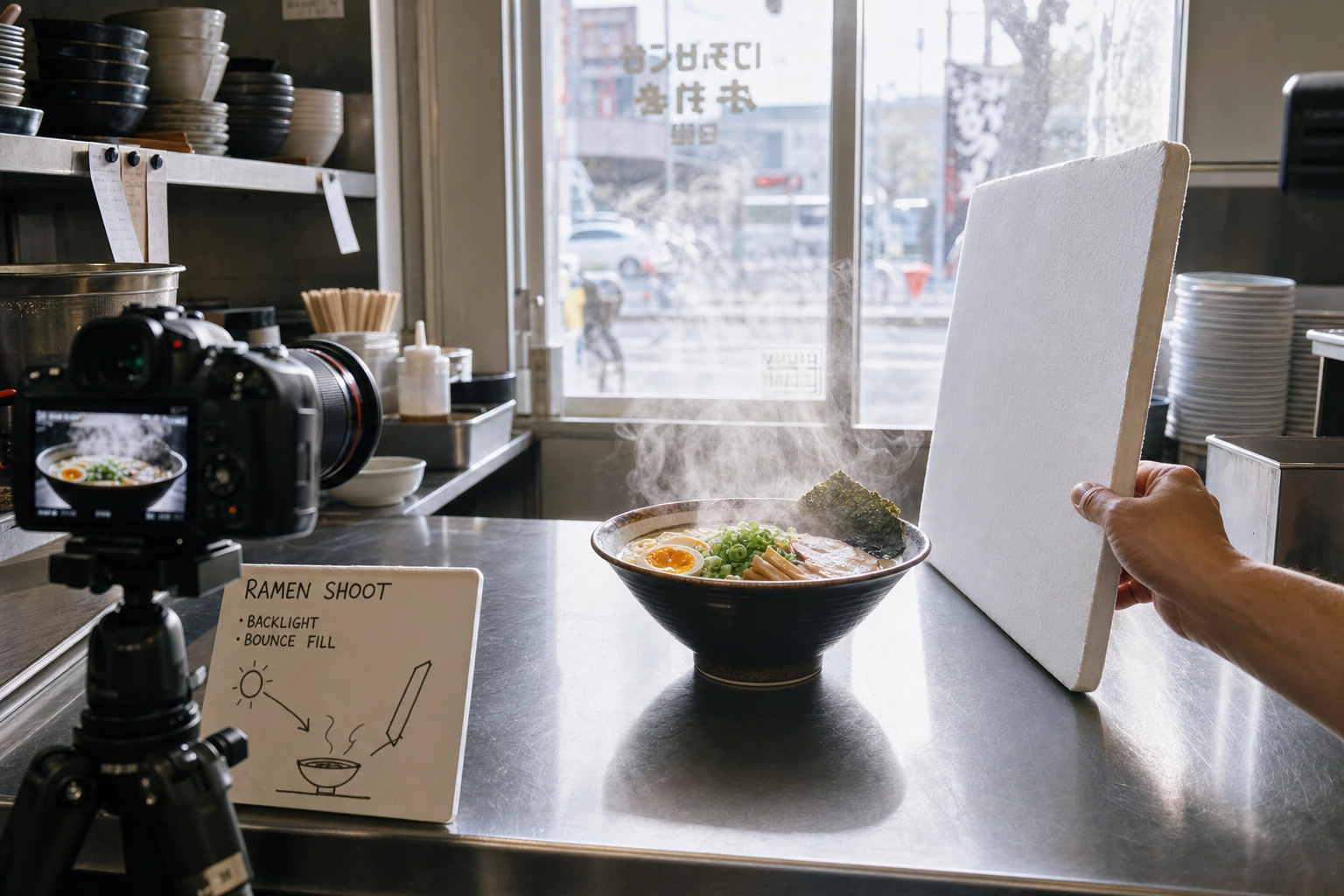 Window backlight setup for ramen photography with a white bounce card and rising steam