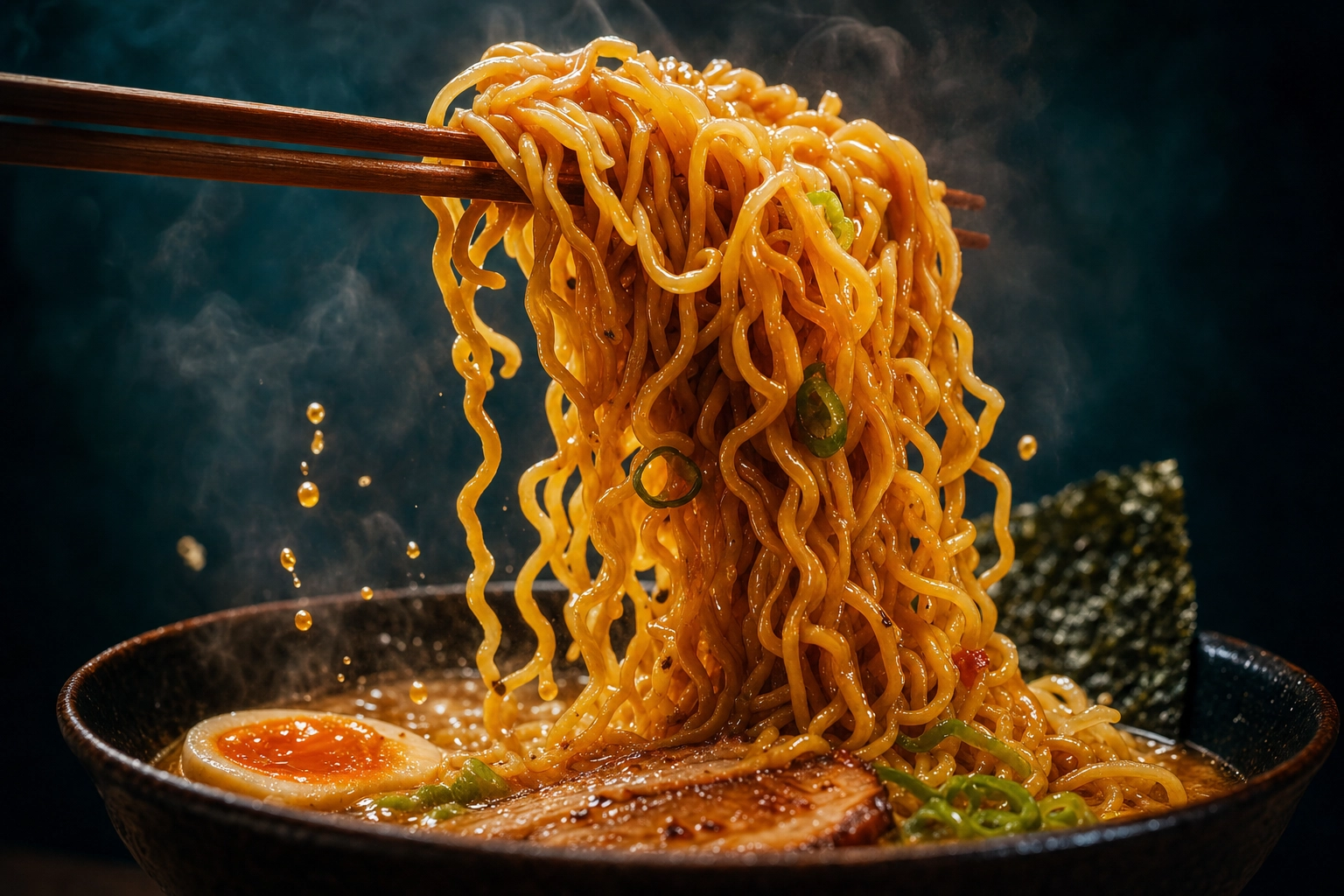 Chopsticks lifting glistening ramen noodles in a mid-air pull above a steaming bowl