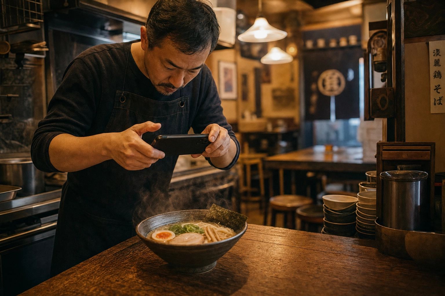 Ramen shop owner photographing a steaming bowl with a smartphone at the counter