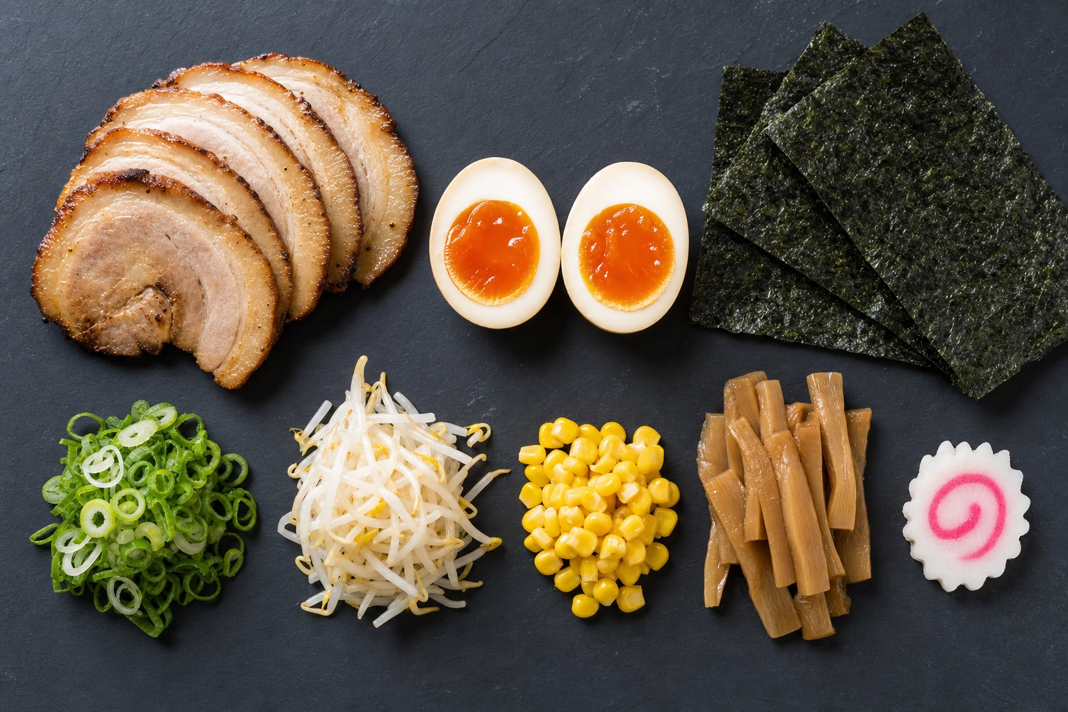 Overhead flat-lay of ramen toppings: chashu, jammy eggs, nori, scallions, corn and narutomaki