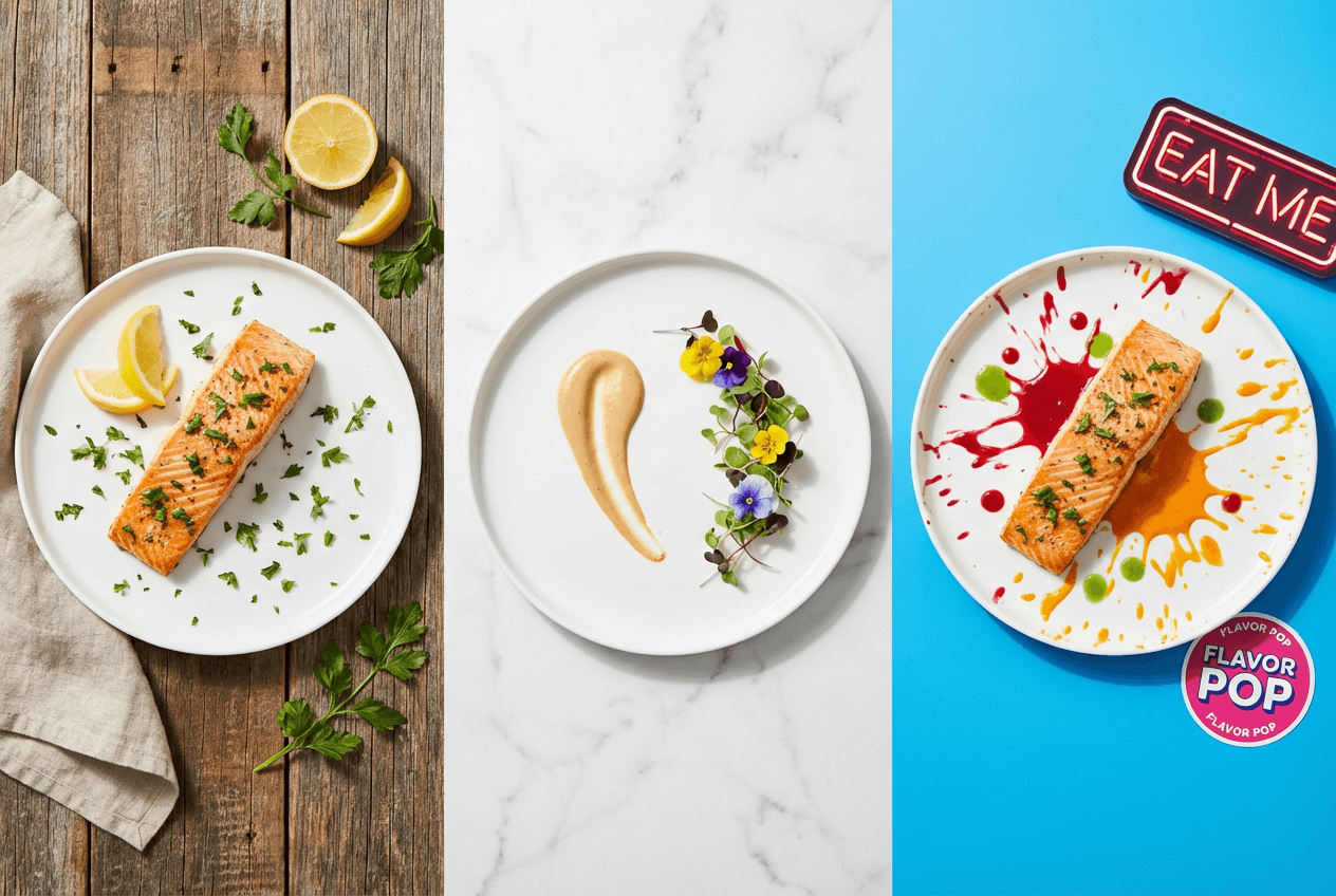 Trois styles de photographie culinaire montrant comment différents traitements visuels communiquent des positionnements de marque distincts