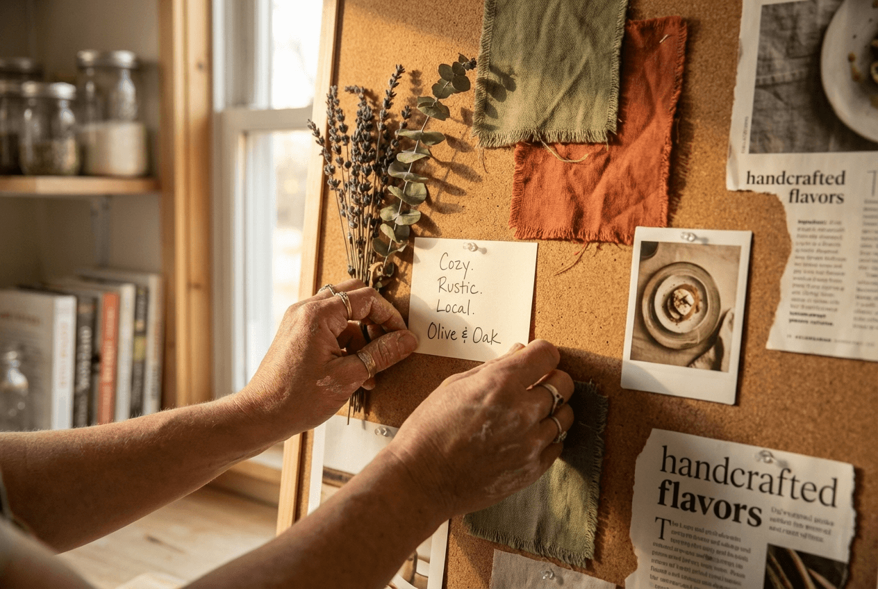 Restaurateur créant un mood board de marque avec des échantillons de couleurs, des textures et des inspirations culinaires