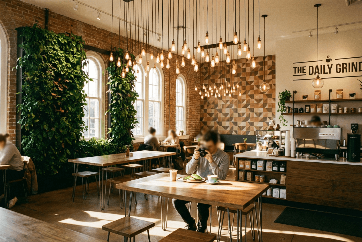 Intérieur de café soigneusement aménagé montrant une identité de marque cohérente avec un mur végétal, des ampoules Edison et une ambiance instagrammable