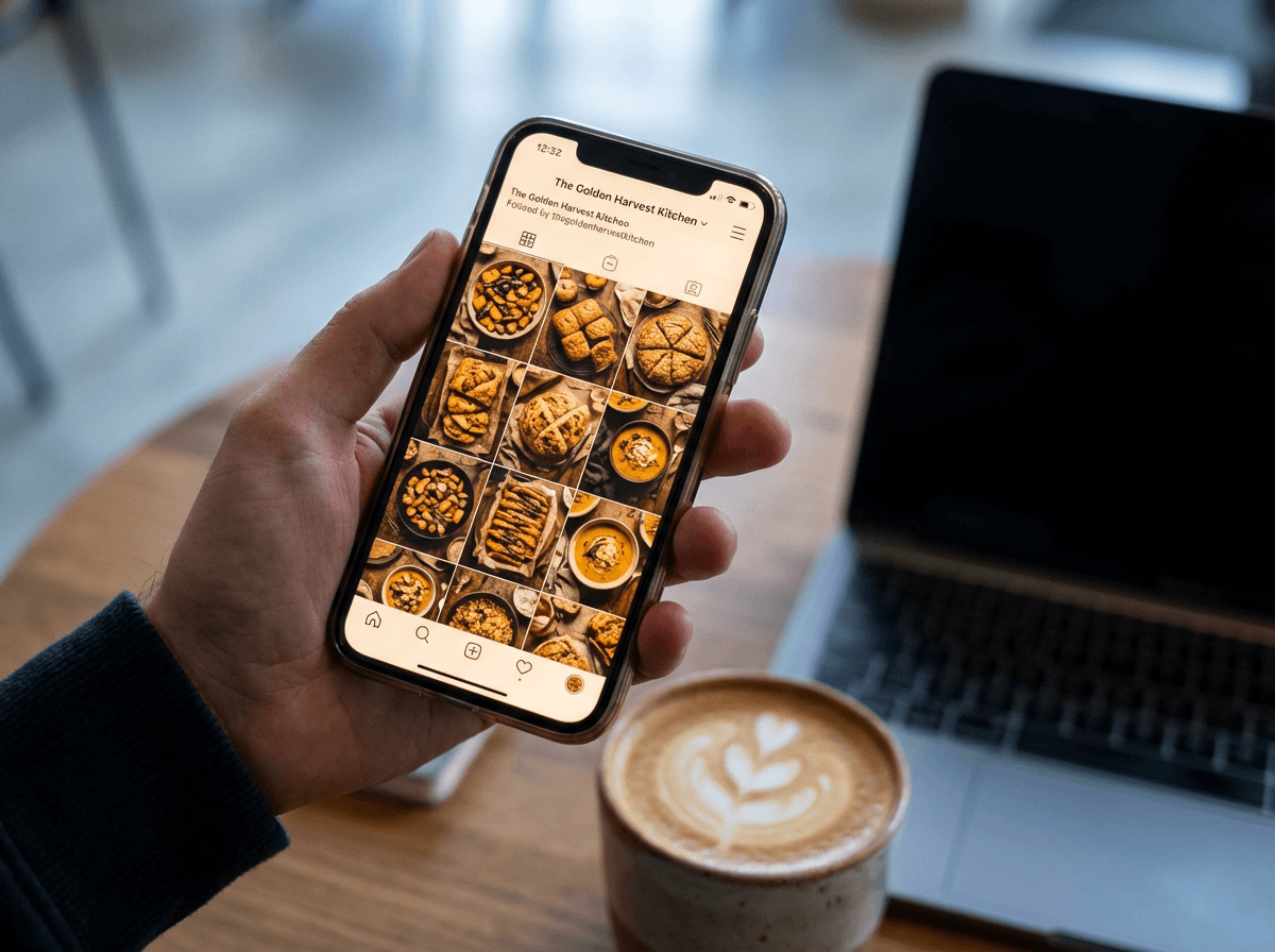 Restaurateur passant en revue une grille cohérente de photographie culinaire sur réseaux sociaux depuis son smartphone pour vérifier la cohérence de marque