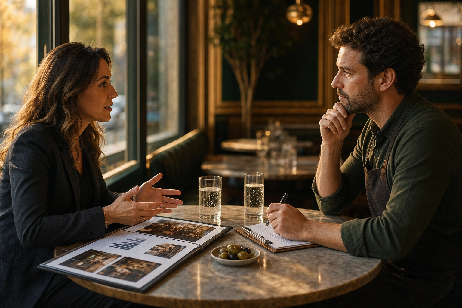 Restaurant owner interviewing a consultant across a marble table with a portfolio and question checklist
