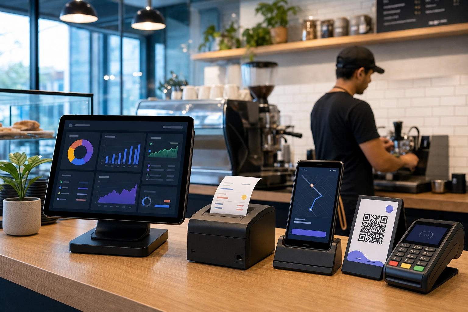 Modern restaurant counter with integrated technology stack: tablet, payment terminal, receipt printer