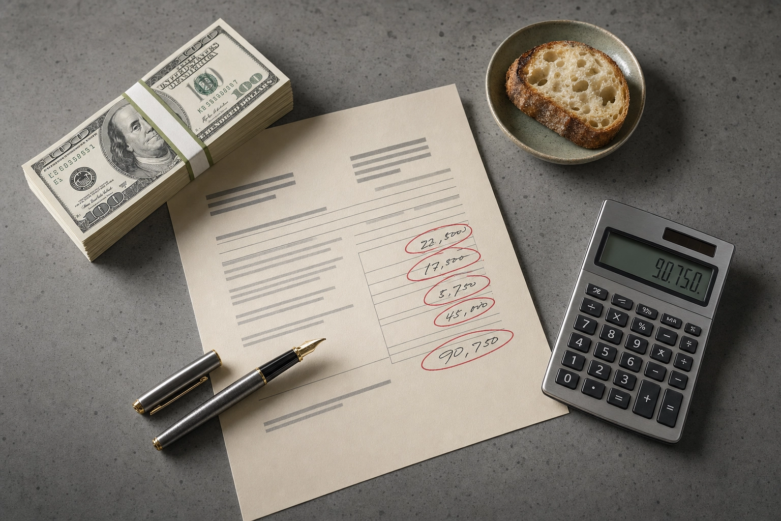 Overhead view of cash, contract with circled dollar figures, fountain pen, and calculator on a concrete counter