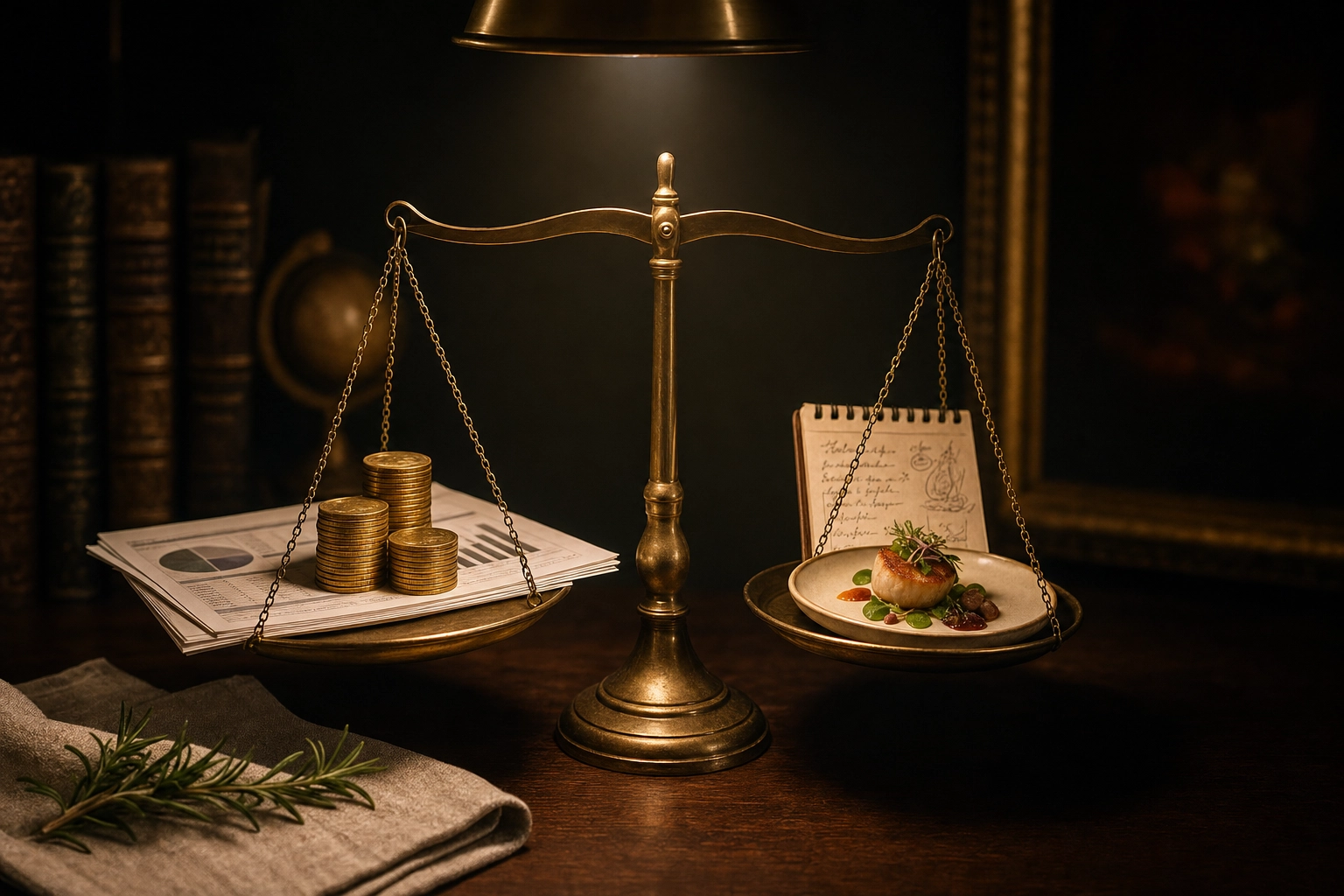 Brass scale balancing financial reports against a chef's notebook representing restaurant consulting ROI