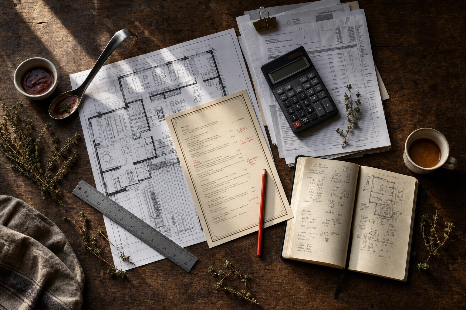 Flat-lay of restaurant consulting tools: tasting spoon, blueprint, menu, calculator, and notebook